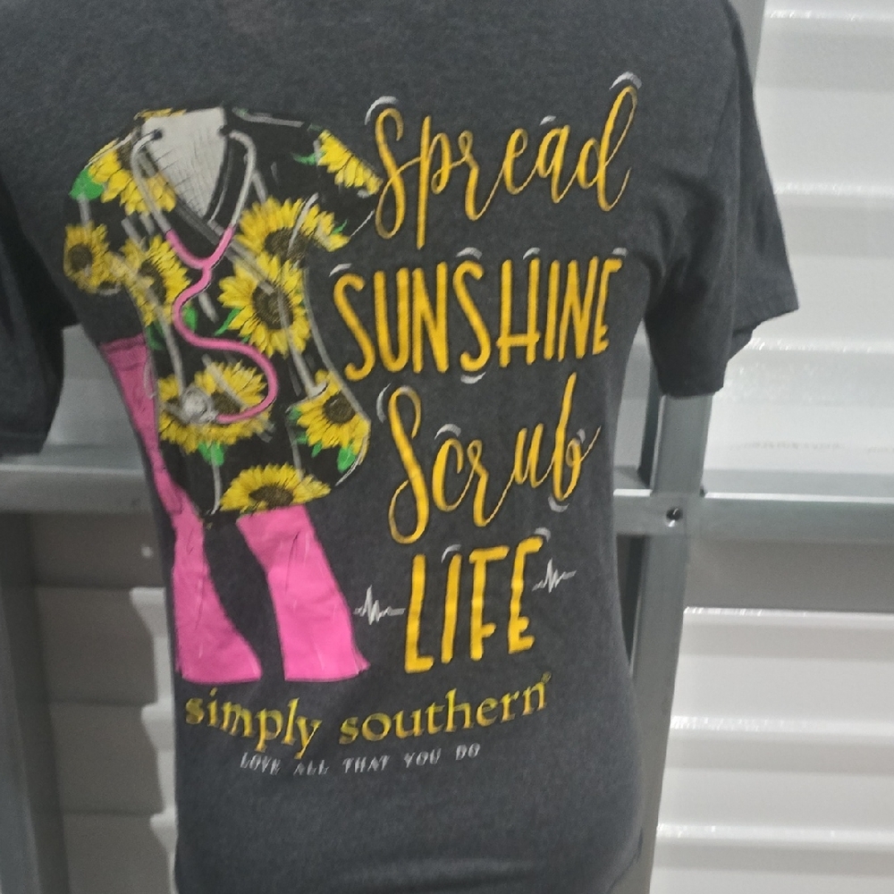 Simply Southern Charcoal Tee‎ with Sunflower and Scrub Life Design Size Small